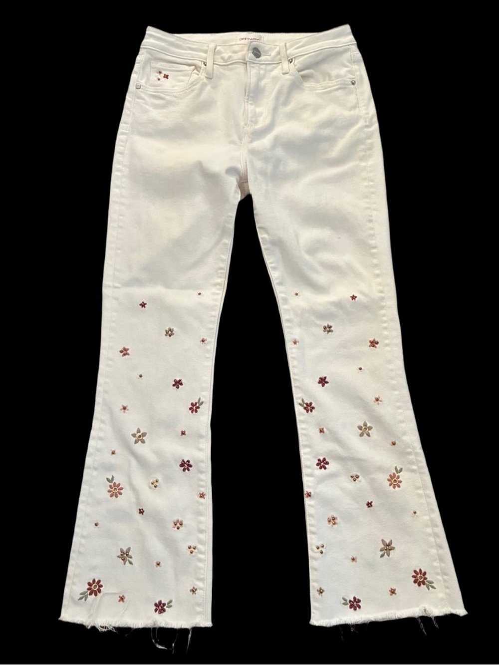 DRIFTWOOD Flare Hem Fringe Jeans with Floral Embroidery